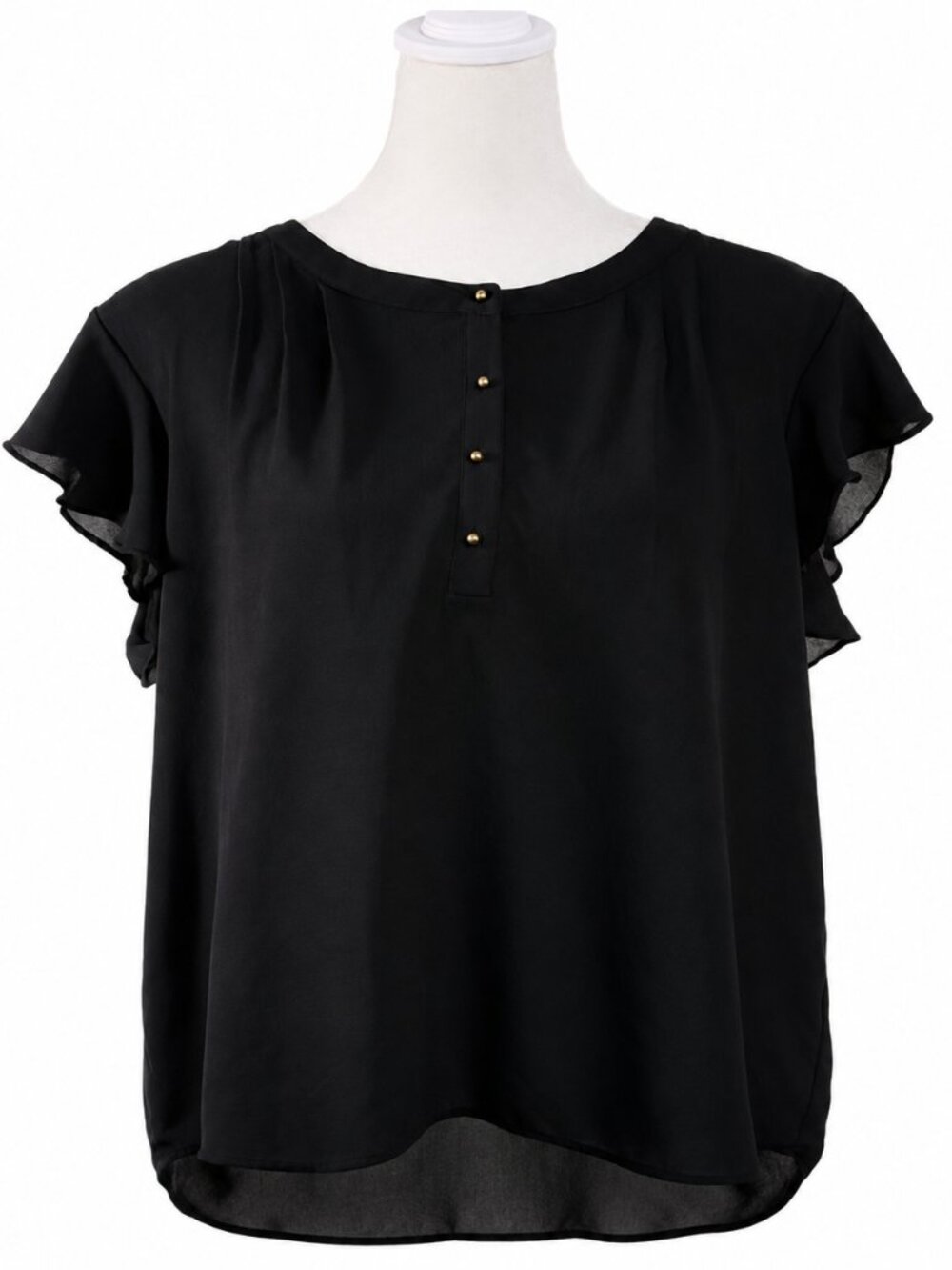 Black Short Flutter Sleeve Lightweight Blouse with Button Front, Size Medium
